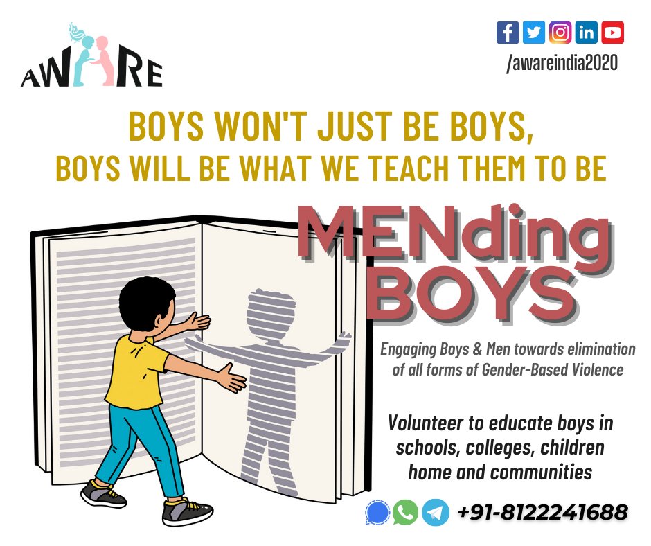 awareindia2020's tweet photo. MENding BOYS is one such initiative from AWARE to engage Boys &amp; Men to address issues of gender inequality and discrimination by interrogating the existing dominant model of Masculinity, and help eliminate all forms of gender-based violence.
#CatchThemYoung #ChangeTheNarratives https://t.co/xPWsWvEZCy