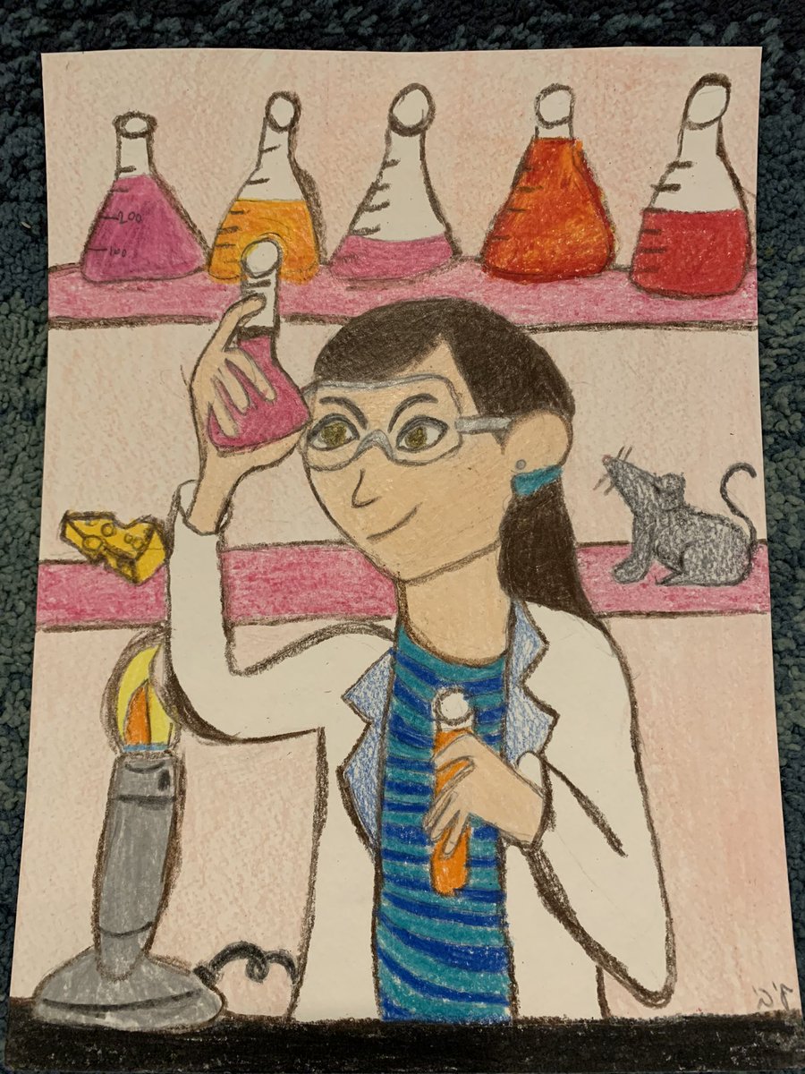 My 8 y/o daughter drew this for @WeizmannScience ‘Women in Science’ drawing contest. Plz like and RT to help her win! 🧪👩‍🔬🥼
