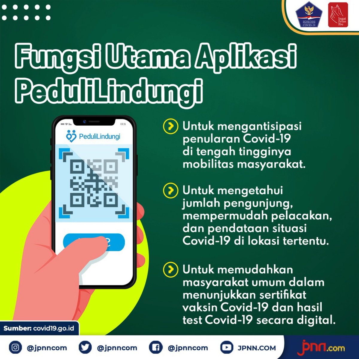 jpnncom's tweet photo. Fungsi Utama Aplikasi PeduliLindungi
@satgascovid19id
#jpnncom
#covid19
#coronavirus
#pedulilindungi
#pakaimasker
#jagajarak
#cucitanganpakaisa https://t.co/mjj7NMuuiJ