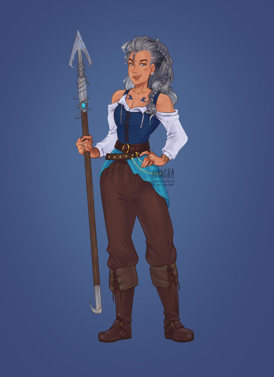 Commission art of Thyra 💕 She's a daughter of a poor fisherman who became  a pirate to help pay for their expenses. #dnd #commissionsopen  #characterdesign, image size:872x1200