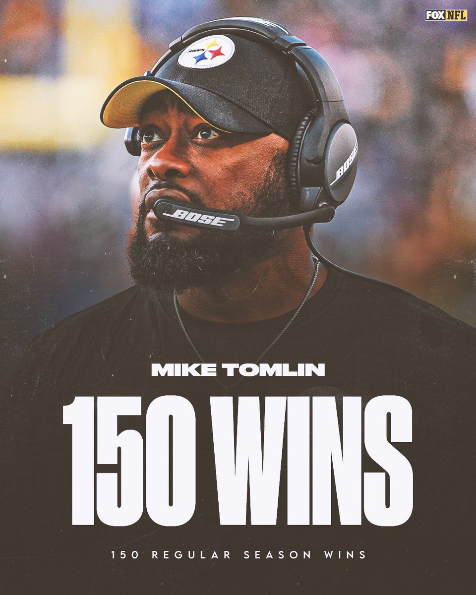 NFLonFOX's tweet photo. 1️⃣5️⃣0️⃣

Mike Tomlin reaches 150 regular season wins, passing Bill Cowher for 2nd-most by a @steelers head coach. 👏👏 https://t.co/Yd8BflHyRo