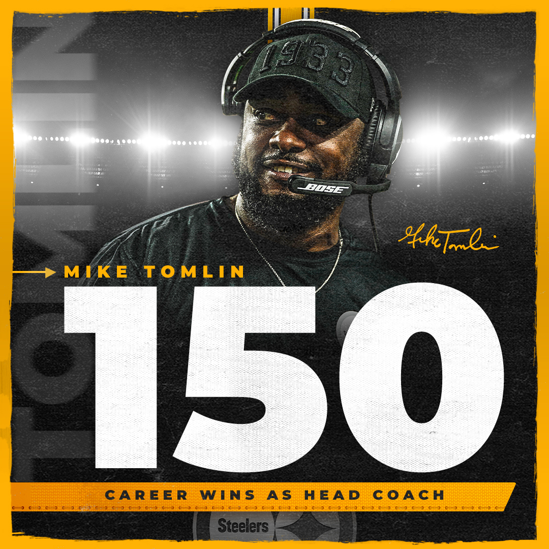 steelers's tweet photo. With tonight’s win, Coach Tomlin became the 20th head coach in NFL history to reach 150 career wins.

📝: https://t.co/OQrl2A6ApU https://t.co/XSAMg7STEZ