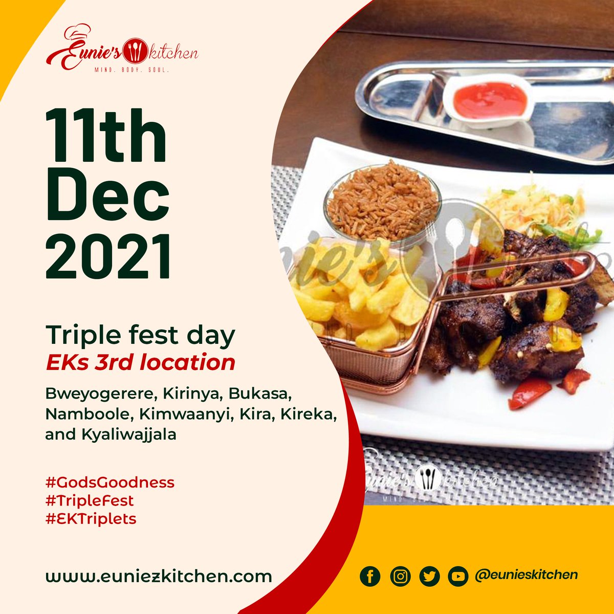 EuniezKitchen's tweet photo. 11th December 2021 is the Day. 💃💃💃
Triple fest day EKs 3rd location...
Bweyogerere, Kirinya, Bukasa, Namboole, Kimwaanyi, Kira, Kireka, and Kyaliwajjala
#GodsGoodness
#TripleFest
#EKTriplets https://t.co/OaUWcJMmJZ