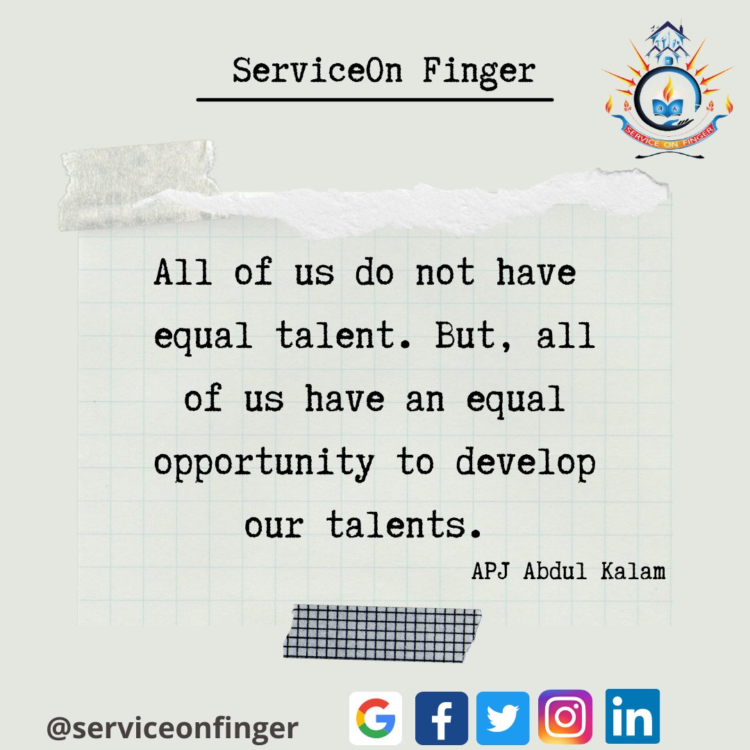 ServiceFinger's tweet photo. All of us do not have  equal talent. But, all of us have an equal opportunity to develop our talents.
-APJ Abdul Kalam
#serviceonfinger 
#education 
#educationconsultanc https://t.co/9iFZgI0kcg