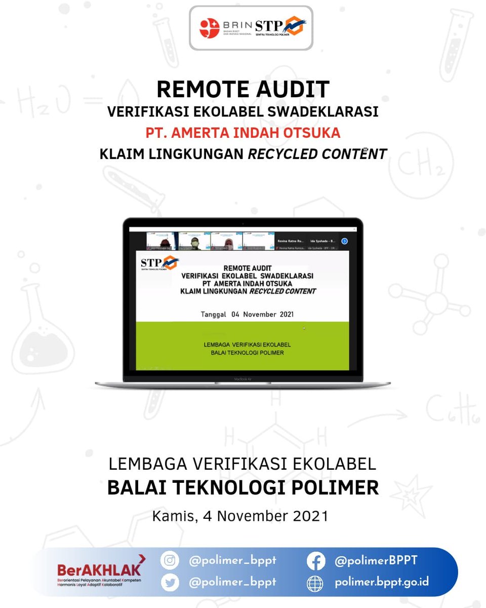 polimer_bppt's tweet photo. Pada tanggal 4 November 2021 Tim Auditor Lembaga Verifikasi Ekolabel (LVE) Balai Teknologi Polimer melaksanakan Assessment Verifikasi Ekolabel Swadeklasi 𝗞𝗹𝗮𝗶𝗺 𝗟𝗶𝗻𝗴𝗸𝘂𝗻𝗴𝗮𝗻 𝙍𝙚𝙘𝙮𝙘𝙡𝙚𝙙 𝘾𝙤𝙣𝙩𝙚𝙣𝙩 untuk PT. Amerta Indah Otsuka secara daring. https://t.co/actEUDG7Hv