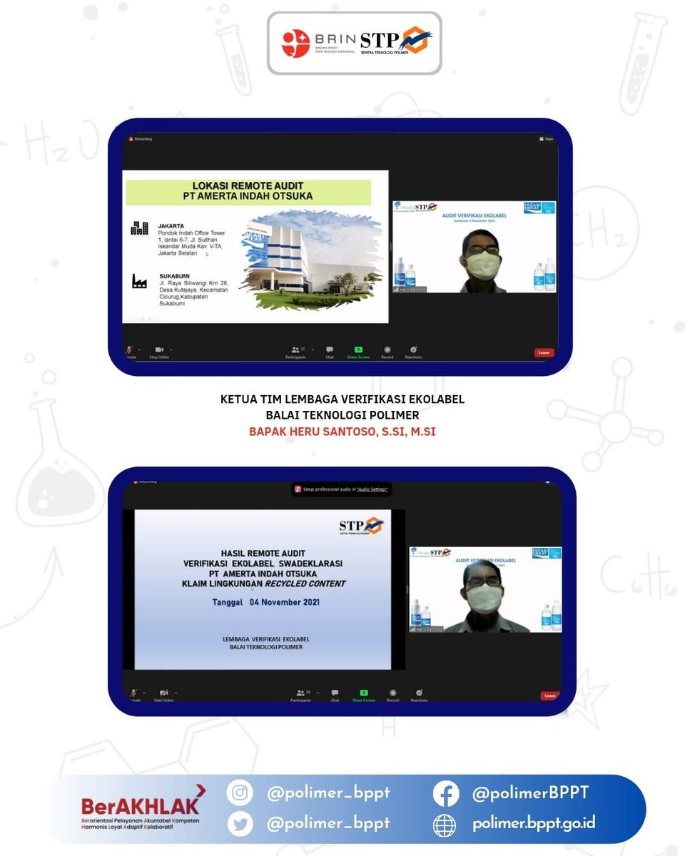 polimer_bppt's tweet photo. Pada tanggal 4 November 2021 Tim Auditor Lembaga Verifikasi Ekolabel (LVE) Balai Teknologi Polimer melaksanakan Assessment Verifikasi Ekolabel Swadeklasi 𝗞𝗹𝗮𝗶𝗺 𝗟𝗶𝗻𝗴𝗸𝘂𝗻𝗴𝗮𝗻 𝙍𝙚𝙘𝙮𝙘𝙡𝙚𝙙 𝘾𝙤𝙣𝙩𝙚𝙣𝙩 untuk PT. Amerta Indah Otsuka secara daring. https://t.co/actEUDG7Hv