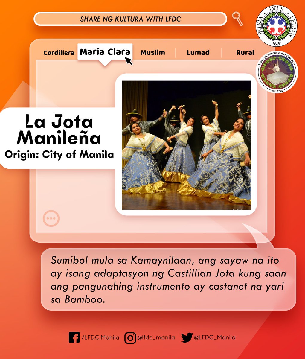 LFDC_manila's tweet photo. SHARE NG KULTURA WITH LFDC KABANATA 2:

Manila, Manila
I keep coming back to Manila🎵🎶

Ang La Jota Manileña ay nagmula sa  lungsod ng Manila at ito ay isang adaptasyon mula sa Castillian Jota. Sa sayaw na ito makikita ang mga mananayaw na gumagamit ng “castanets” na gawa sa https://t.co/fTqYLEWNFH