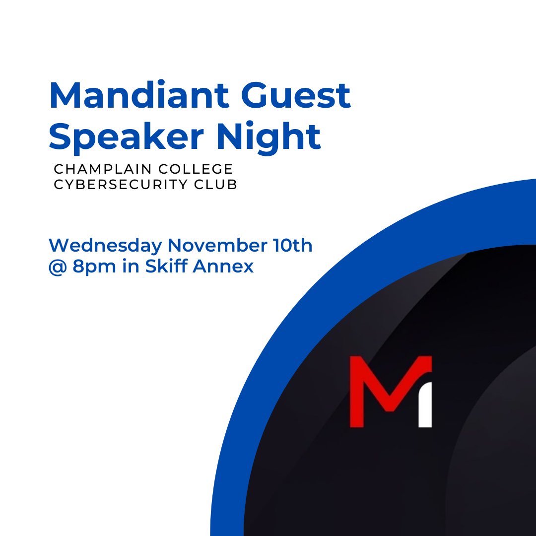 At our meeting Wednesday we will have two guest speakers from Mandiant! Ryan and Neal are from the Mandiant Red Team and will be there to talk about the work that they do on the team and how they got into the profession. Hope to see you all there!