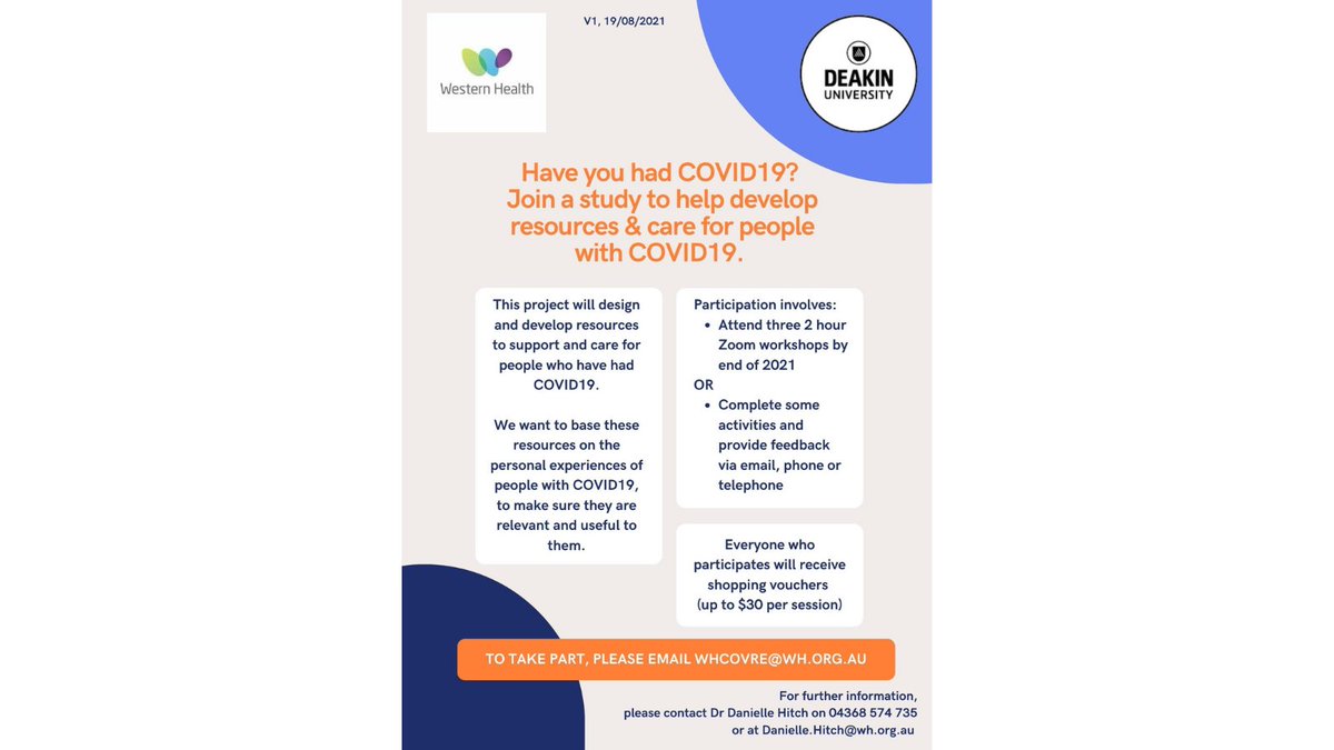 DanielleHitch's tweet photo. Have you had COVID19 and live in Victoria? We are looking for people with this experience to help design resources for patients &amp; healthcare workers. You will be reimbursed for your time. If interested, please email WHCOVRE@wh.org.au or click on the image below. https://t.co/xheKB5X8wA