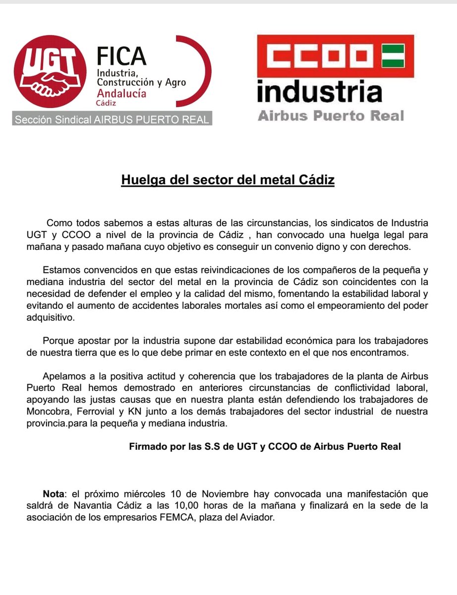 CCOOAirbus_PR's tweet photo. En apoyo a los trabajadores del sector del metal en Cádiz. https://t.co/NYD1gk7gje