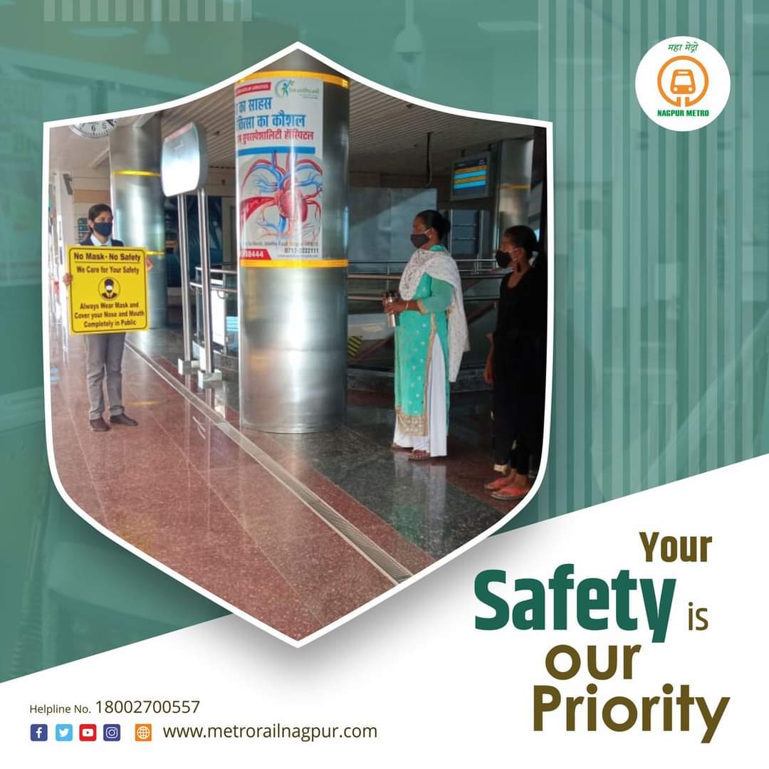 MetroRailNagpur's tweet photo. Your Safety is Our Priority
Regular announcements are made at Metro stations in many languages regarding social distancing, use of masks and other measures to be taken by passengers for arresting Covid spread.
#SafetyFirst #Sanitized #CAB #NagpurMetro #MaziMetro #CleanestMetro https://t.co/bRsn49UEfa