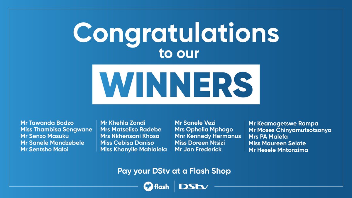 flashgroup_za's tweet photo. Congratulations to our winners who won R100 1FORYOU vouchers in our DStv competition.
Pay for your DStv account at a Flash Shop near you.
#Makingpeoplesliveseasier
#Flashshop
#Payyourdstv
Be #iSkhokho https://t.co/h2WafTpaJx