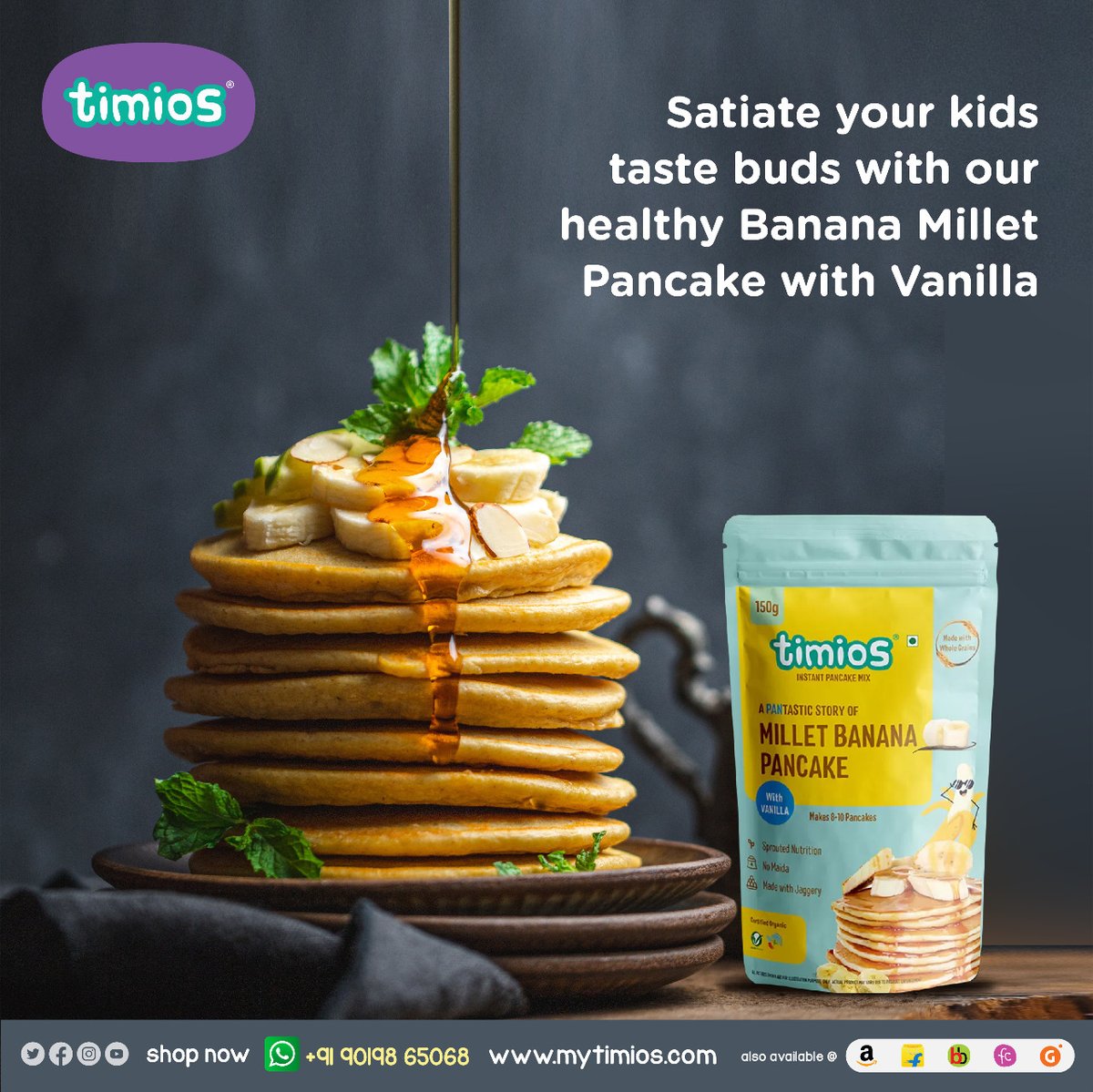 Mytimios's tweet photo. Timios’ Millet Pancakes with Banana and Vanilla is made with 100% organic ingredients, with the goodness of Ragi, Jowar, Oats and real Banana, Cocoa and Vanilla. 
Order online -https://t.co/kKi3ux5yCE
#Timios #HealthySnack #Mytimios #FoodForKids #KidSnacks #NoJunkFood #Munchies https://t.co/XUErvHqjX5