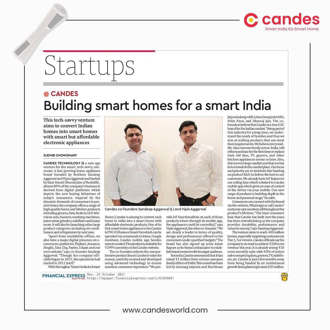 CandesWorld's tweet photo. We are delighted to share the feature of Candes World in @FinancialXpress
.
.
.
#candesworld #smarthomes #candestechnology #HomeAppliances #makeinindia #affordableprice #candesdealers #distributor #distribution https://t.co/y4nRf7mNwp