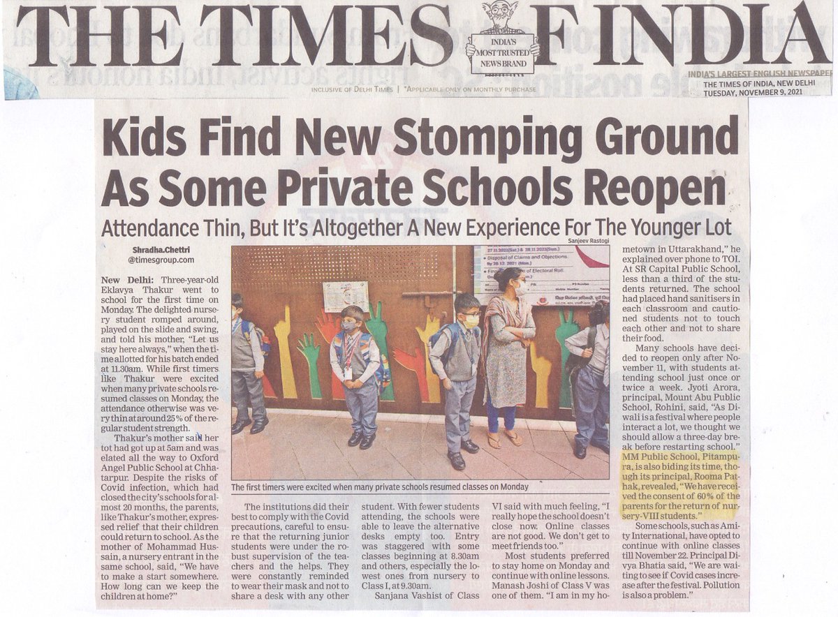 MMPublicschool1's tweet photo. MMPS In News
The Times of India dated 9th November 2021
#MMPS #thetimesofindia #schoolreopen #ShareViews #positivity
#www.mmpublicshcool.com https://t.co/bVCl6SK0Kn