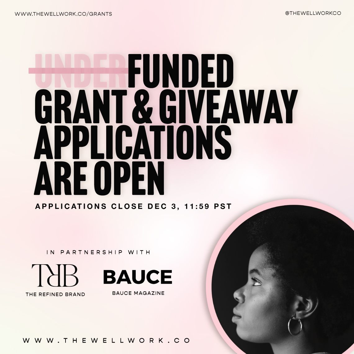 thewellworkco's tweet photo. The UnderFUNDED Grant and Giveaway is LIVE!

We're giving one deserving Black Woman Founder a $2000 Grant, a full Brand Identity Design Package, and a feature in BAUCE Magazine.

#BlackOwned #WomeninBusiness https://t.co/1n6v3MkSum