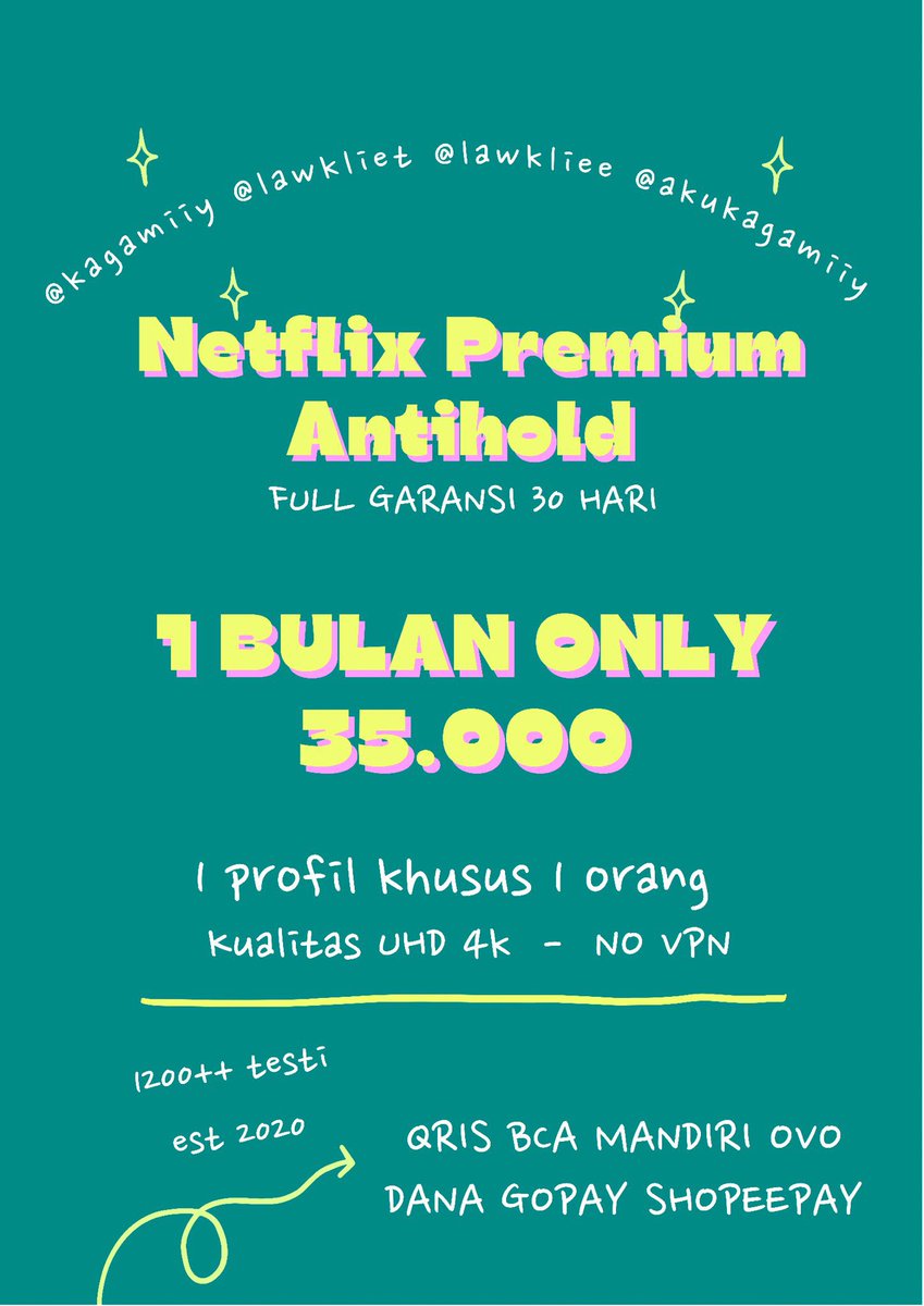 bantu Like/RT ya🥰

LANGSUNG KIRIM BANGET
🦋 READY NETFLIX ANTI HOLD 🦋

1 BULAN ONLY 35.000 ‼️‼️

Sharing 1 PROFIL 1 ORANG (1 USER)
🍿 fresh 30 hari
🍿 no vpn
🍿 ANTI LIMIT SCREEN
🍿 full garansi 💯

ORDER 📩 

t. jual beli netflix murah langganan sewa jualan #zonauang mutualan