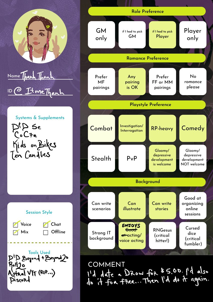 itmethanh's tweet photo. Saving this for a future Sesh 0. I've also embraced my forehead this year. Character growth 🌱

 #RPGconnect Template in the replies! https://t.co/ZX03u7WgL8