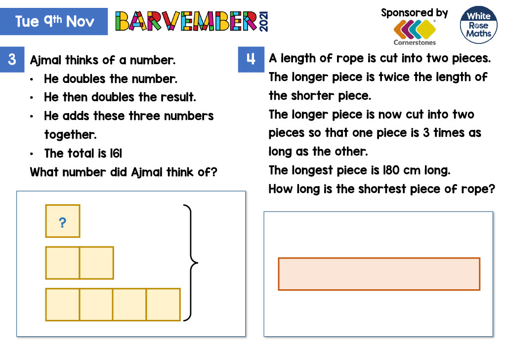 ⭐ Here are Questions 3 and 4 for #Barvember day 7!

🤔 What number did Ajmal think of and how long is the shortest piece of rope? 📏

🔗 ow.ly/FNIC50GIls7