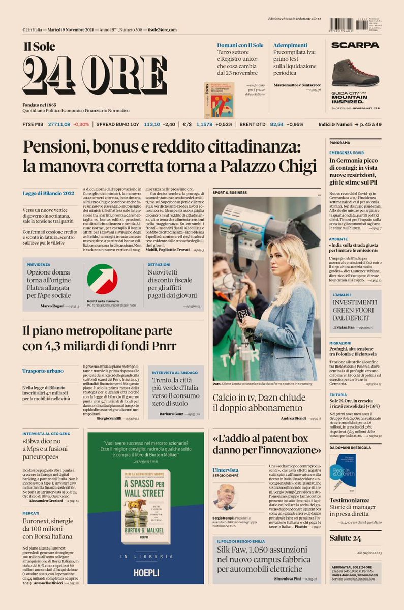 Ecco la prima pagina del #Sole24Ore di oggi, martedì #9novembre. Pensioni, bonus e #rdc: la #manovra corretta torna a Palazzo Chigi. Il piano metropolitane parte con 4,3 mld di fondi #Pnrr. #Calcio in tv, #Dazn chiude il doppio abbonamento. #buonalettura #primapagina