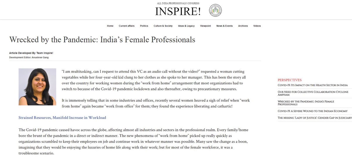ProfCong's tweet photo. How Covid-19 has given a crushing blow to the already cumbersome work-life balance of female professionals, with debilitating effects,costing them their jobs in many cases. An #AIPCInspire report, developed by @anu17j.

https://t.co/OpHjTa8ATS

#ProfessionalsForProgress 
#Gender https://t.co/6N3N3Kjaj3