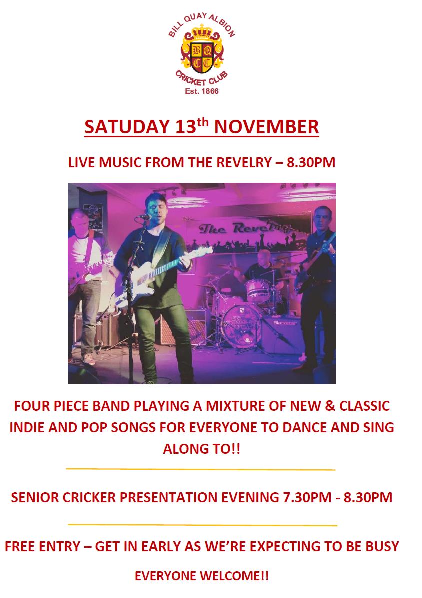 **THIS SATURDAY LIVE MUSIC RETURNS TO THE CLUB**

The Revelry will be playing from 8.30pm into the evening following on from our senior presentation evening at 7.30pm. 

This is a free event, so get in early to avoid disappointment.
 
We hope you can join us!
 
#UTQ