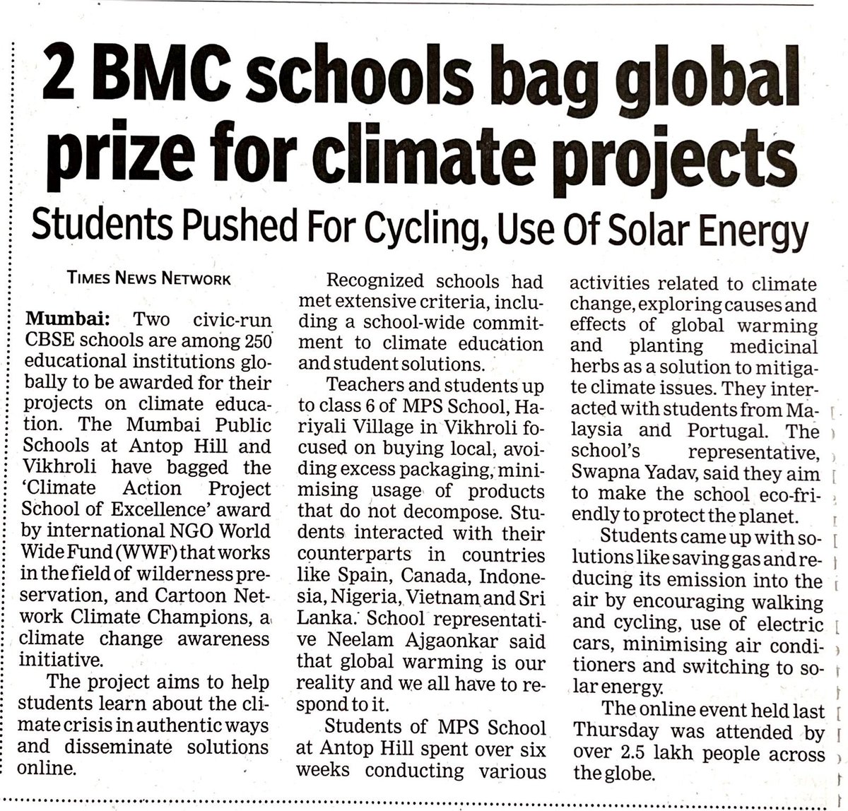 Climate education in classrooms is one of the most effective ways to plant the seeds of earth-conscious living. This achievement of <a href="/mybmc/">माझी Mumbai, आपली BMC</a>’s Mumbai Public School teachers and students is another step towards strengthening our resolve of climate action.