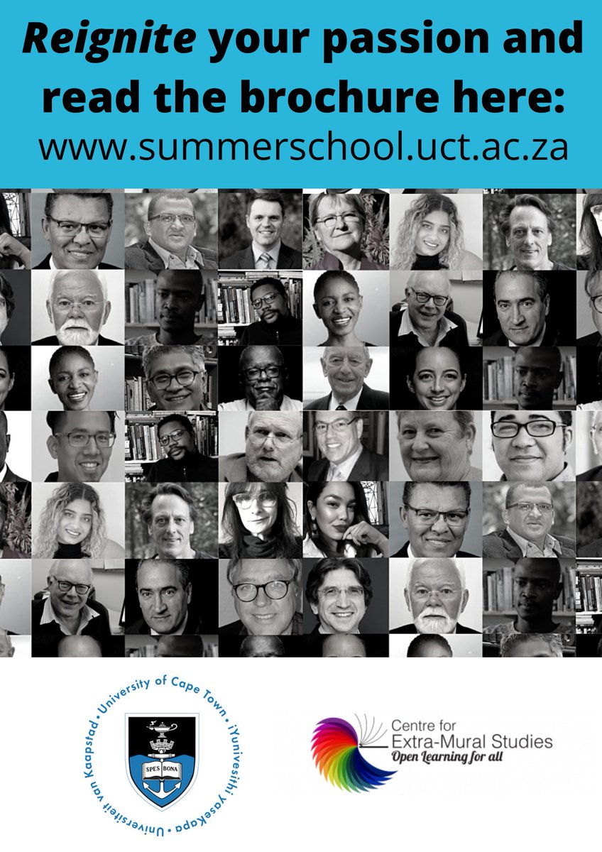 UCT's Centre for Extra-Mural Studies invites you to attend its Summer School from 10 to 29 January 2022. The programme is accessible to everyone regardless of educational qualifications or age. Read more: bit.ly/3wruPm9

Book online: bit.ly/3wHqiMF