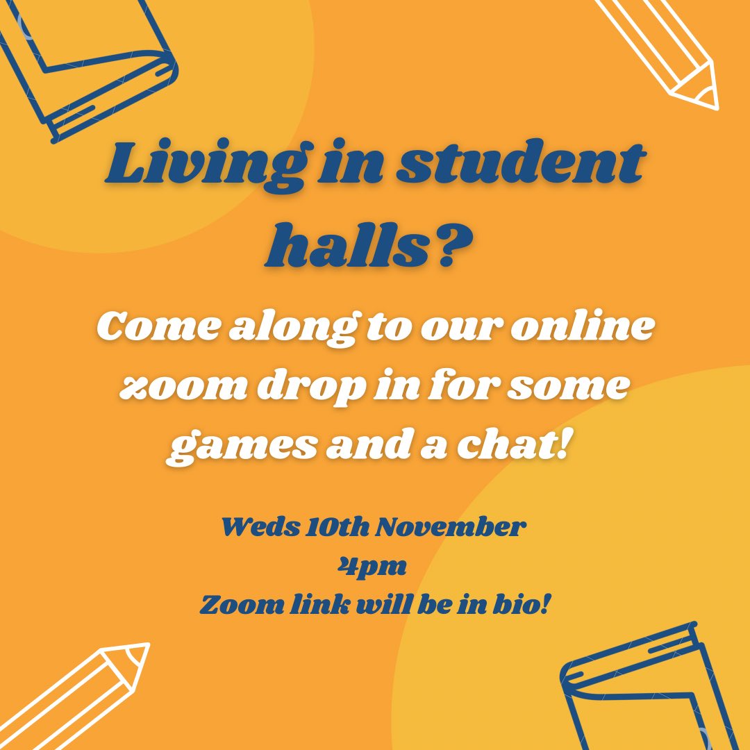 LUUMindMatters's tweet photo. Living in student halls? Come along to our online zoom call for some games and a chat! 

It will be a great opportunity to chat to new people and ask us any questions about uni, Leeds, or anything at all! 

See you at 4pm tomorrow!!🧡 https://t.co/avZOG6zE81