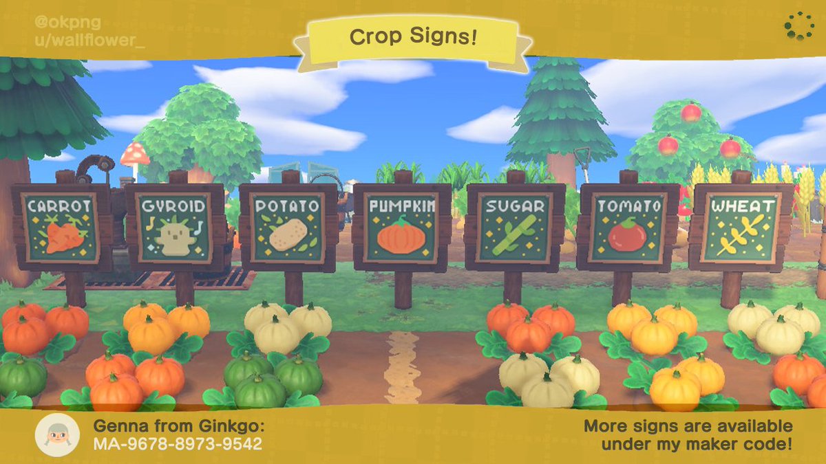 okpng's tweet photo. ready for harvest! 🥕🍅🌾

new crop signs for your and slim dirt gap paths for your farm are now available!!!

MA-9678-8973-9542

credit to @AlienKnife for the farm gap path idea ☺️

#ACNHDesign #ACNHDesigns #ACNH https://t.co/O8Vn62UTLK