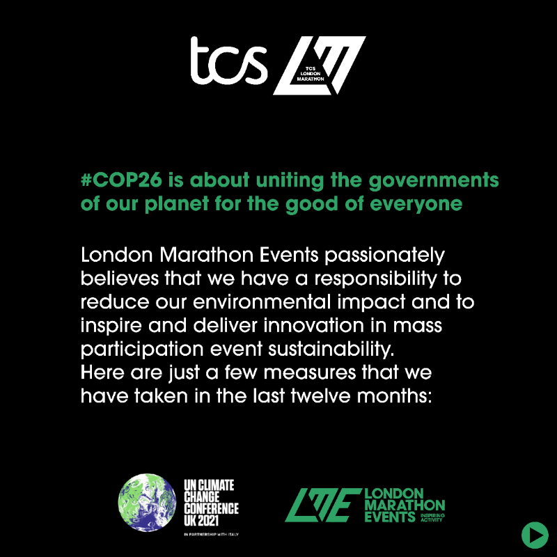 LondonMarathon's tweet photo. Yesterday, we attended @Sport_COP.

London Marathon Events passionately believes that we have a responsibility to reduce our environmental impact.

Below are just a few of the measures that we have taken in the last 12 months alone 👇

#LondonMarathon #COP26