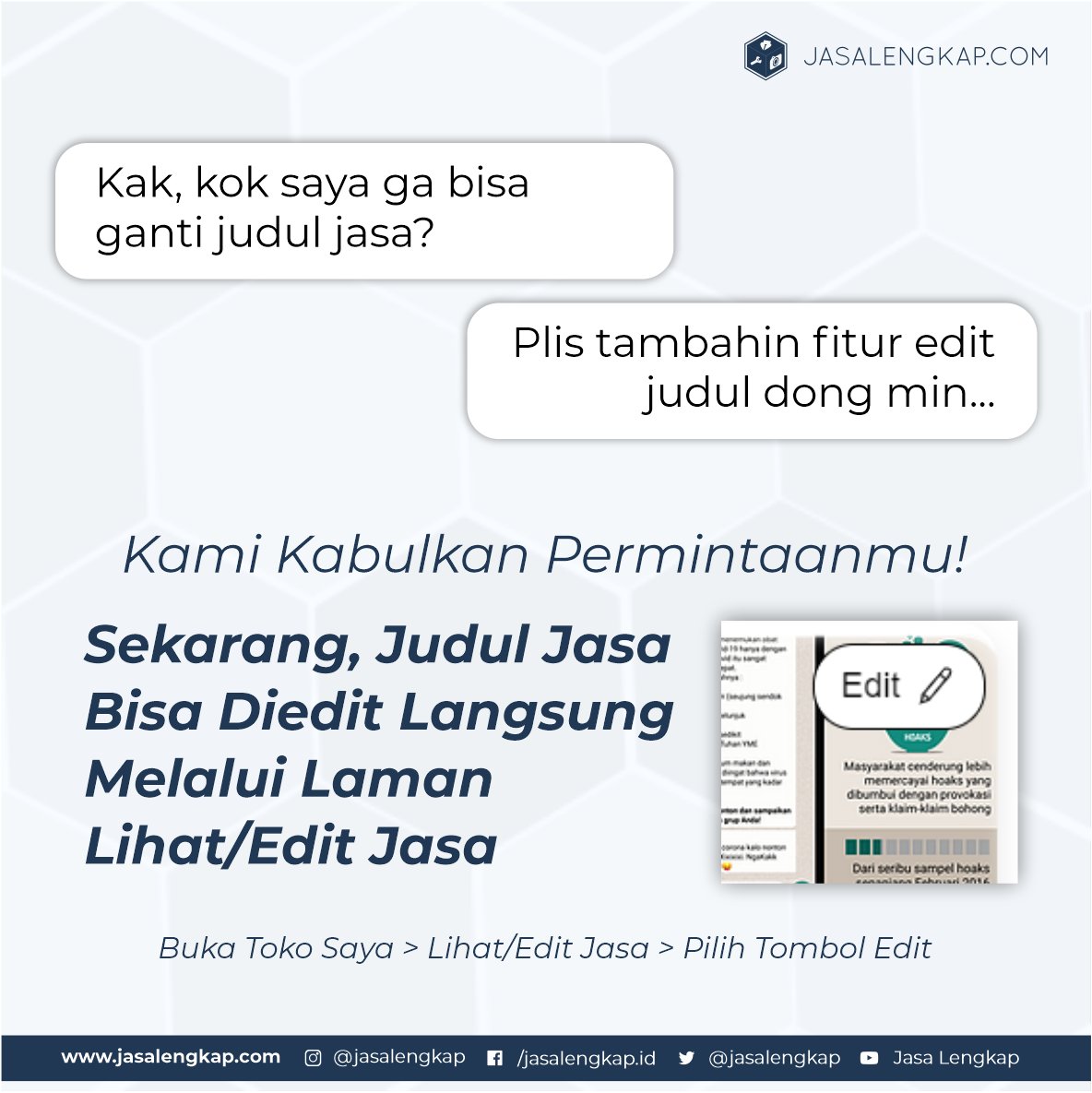 JasaLengkap's tweet photo. Kami kabulkan permintaanmu! Sekarang, kamu bisa edit judul jasa di Jasa Lengkap. Semua bisa kamu lakukan langsung di fitur edit jasa di toko kamu!

#jasalengkap #digitalmarketingindonesia #marketingdigital #iklanonline #iklandigital #iklangratis #iklanjasa #startupindonesia https://t.co/nxzVAxzyYZ