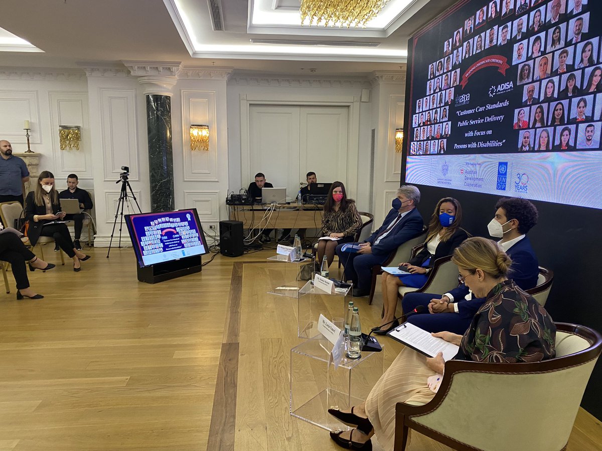 UNDPAlbania's tweet photo. Happening:We are giving out certificates to @ADISA_Al  staff who have been trained on
“Customer Care Standards in Public Service Delivery
with Focus on Persons with Disabilities” taking place in the context of CSDA Project funded by @ADCinAlbania. Thanks #ASPA for the partnership https://t.co/wn95rjEOFg