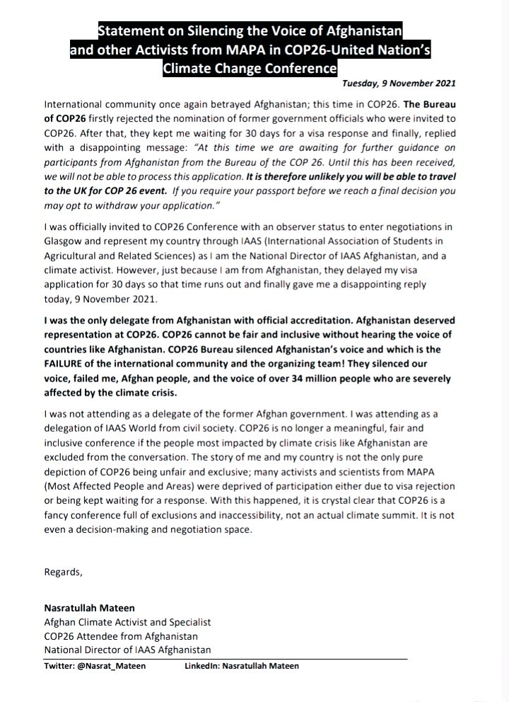 COP26 Bureau silenced Afghanistan’s voice. They failed me, and the voice of over 34 million people who are already severely affected by the climate crisis. 
 #COP26 #climateemergency  #climatecrisis #ClimateJustice #ClimateJusticeNow <a href="/UNFCCC/">UN Climate Change</a> 
#Afghanistan
<a href="/COP26/">COP26</a> @COP26_Coalition
