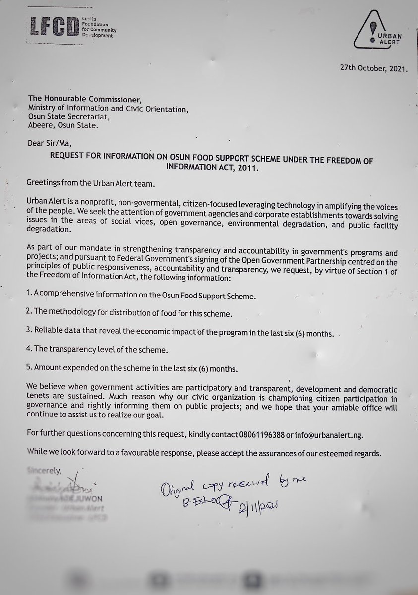UrbanAlert's tweet photo. Are you aware that the @StateofOsun is distributing food materials to targeted citizens of Osun State under the Osun Food Support Scheme? 

Few days ago, 𝘄𝗲 𝘀𝗲𝗻𝘁 𝗮 𝗙𝗢𝗜 𝗹𝗲𝘁𝘁𝗲𝗿 𝘁𝗼 𝘁𝗵𝗲 𝗖𝗼𝗺𝗺𝗶𝘀𝘀𝗶𝗼𝗻𝗲𝗿 𝗳𝗼𝗿 𝗜𝗻𝗳𝗼𝗿𝗺𝗮𝘁𝗶𝗼𝗻... https://t.co/VlmDN7gLiY