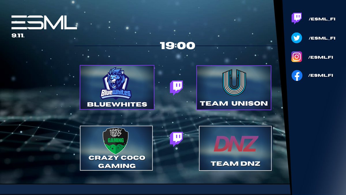 🔥Pudotuspelien startti tänään🔥

⏰ 19:00
<a href="/BlueWhites/">BlueWhites</a> vs. <a href="/UNISONWIN/">UNISON</a>  📺 twitch.tv/esml_fi
<a href="/crazycocogaming/">Crazy Coco Gaming</a> vs. <a href="/TeamDNZ_/">Team DNZ</a> 📺twitch.tv/esml_fi2 

📖 Otteluiden ennakot: twitlonger.com/show/n_1srsb5o

#esml #csgofi #esportsfi
