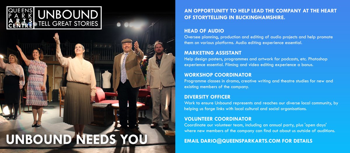 Are you passionate about producing and promoting great stories? Handy at photoshop or audio/video editing? Love working with like-minded storytellers? Then Unbound needs you - we're on the lookout for new volunteers! #TellGreatStories #Theatre @BucksCulture