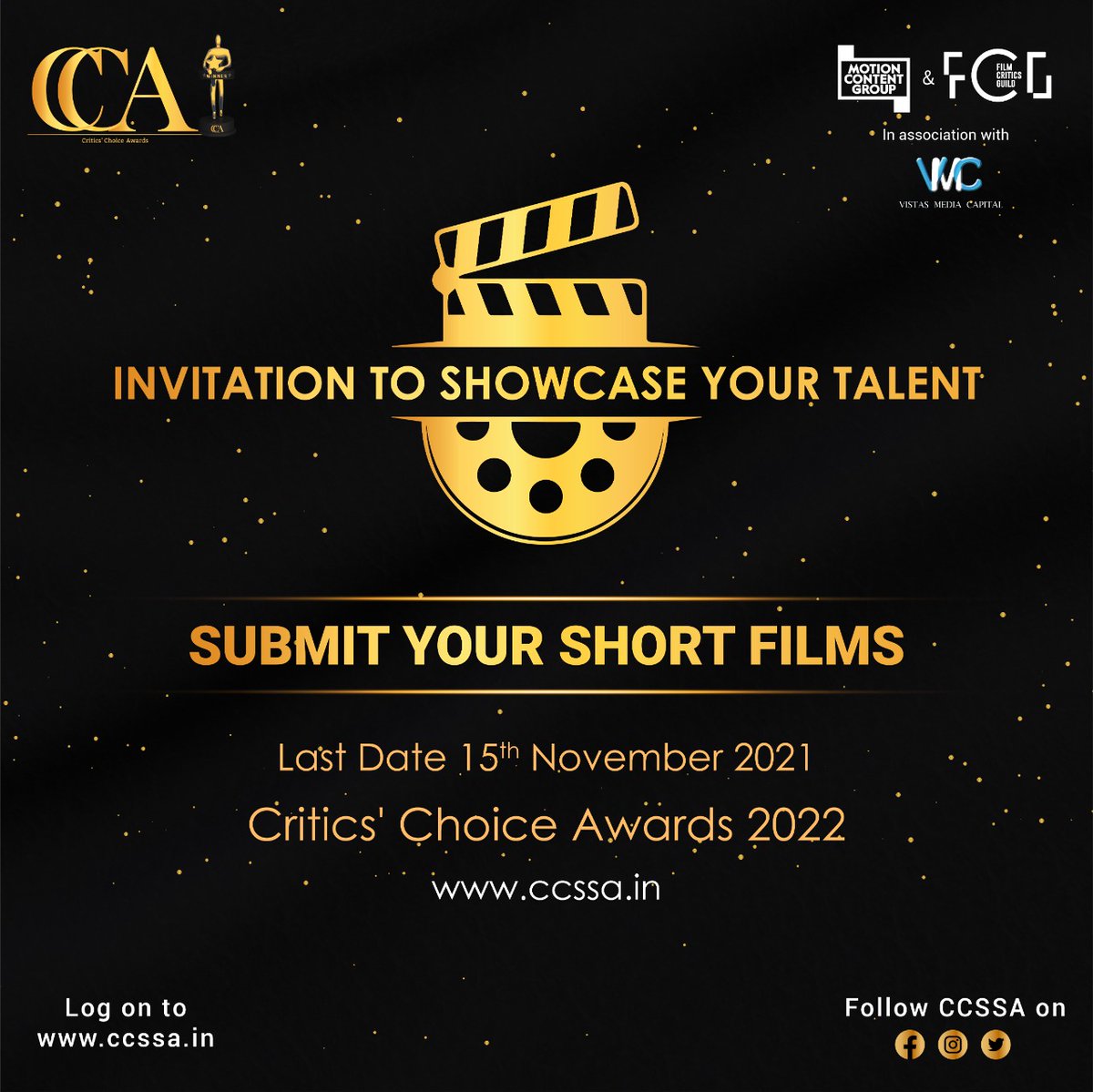 CriticsChoiceIn's tweet photo. Outstanding work deserves applause and appreciation. Register your Short films for Critics' Choice Awards 2022 and get recognised. Last date 15th November 2021. Visit www. https://t.co/rOdJVnlqW2
#CriticsChoiceAwards #CCSSA
@theFCGofficial @motion_content @VMC_sg https://t.co/yPBPcwhVs0