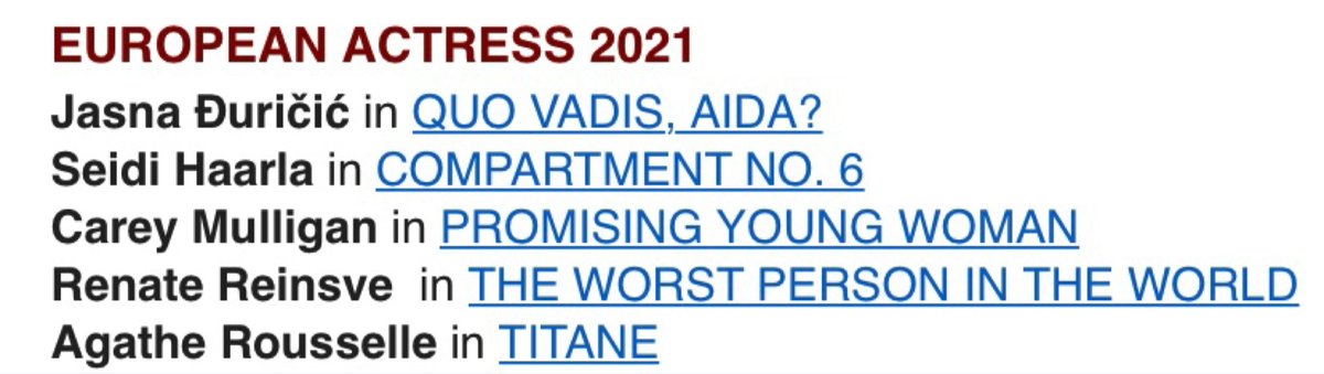The European Film Awards have announced their nominations, and I doubt we’ll see a better Best Actress field all season.