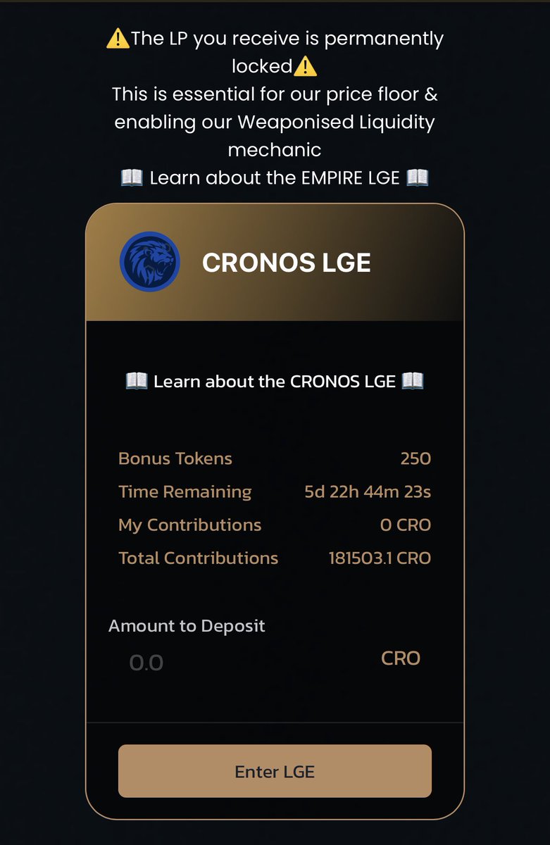 Over 180k $CRO has been contributed in the first 24 hours of the #EmpireDEX LGE There is still 6 days remaining. The LP you get from the LGE gives you a share of 0.05% of all trades in the DEX across every tradable pair in USDC stable yield Head to lge.empiredex.org #CRO