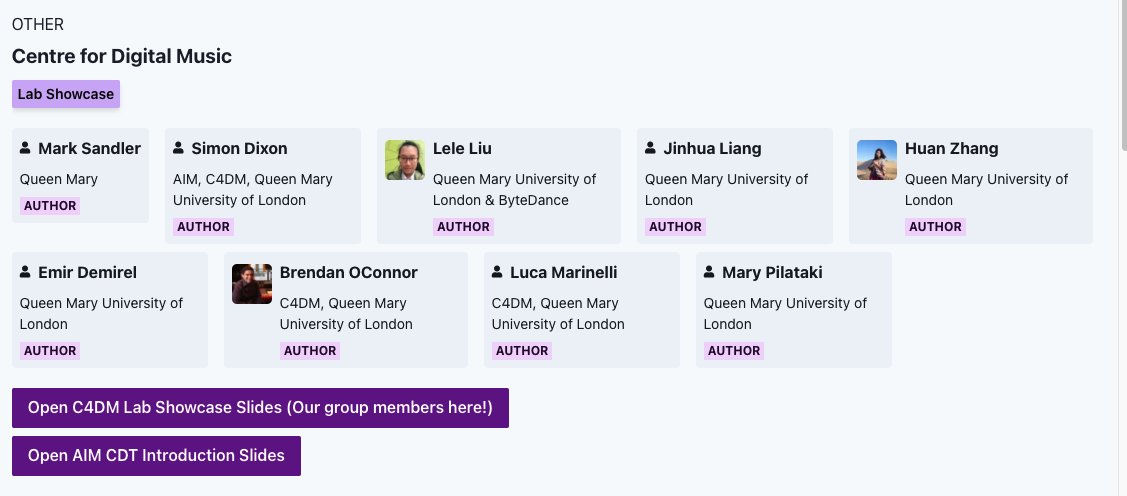 Welcome to our Lab Showcase session at @ismir2021 today and tomorrow! 😀
Time:
🌟 - 9/11, 17:00-18:00 (GMT), Prof. Simon Dixon: AIM Program 👓
🌟 - 10/11, 11:00-12:00 (GMT), <a href="/_emir_demirel_/">Emir Demirel</a> , <a href="/BrendanOCmusic/">BrendanOConnorMusic</a> , <a href="/_luca_marinelli/">Luca Marinelli</a>  and <a href="/marypilataki/">Mary Pilataki</a> : presentations and chat 🍻
Enjoy!