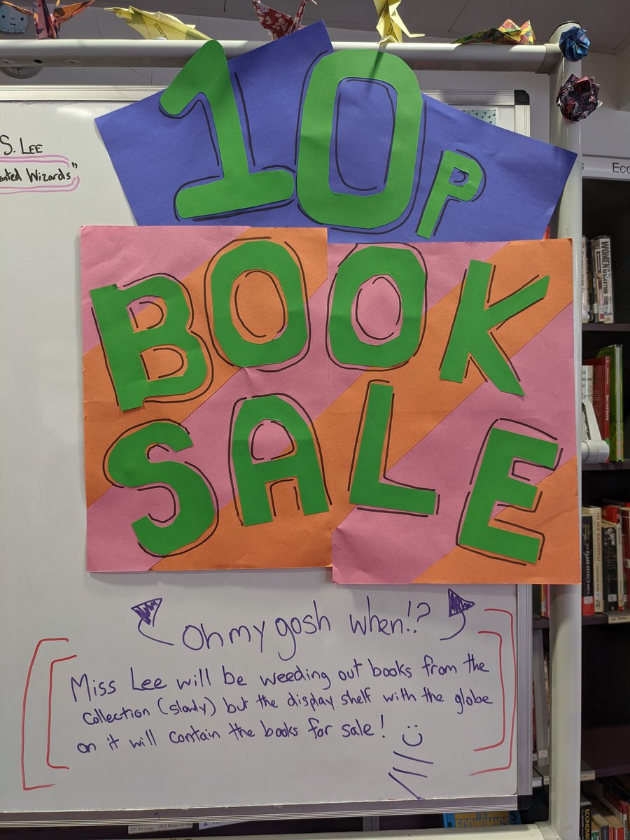 Library_EHS's tweet photo. I (Miss Lee) will be weeding the collection and adding books to the 10p Book Sale taking place in the library! The selection will be updated regularly as I work my way through the collection so please remain calm, breathe, I know how exciting this new is! 🤓 https://t.co/ZUaIOV1vCk