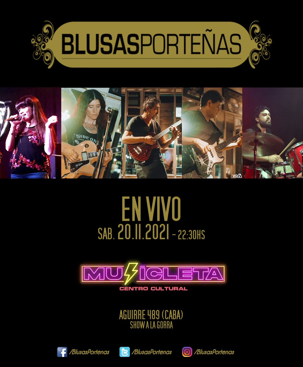 BlusasPortenas's tweet photo. BLUSAS PORTEÑAS EN VIVO EN CAPITAL FEDERAL

👉 SÁB. 20/11 - 22:30HS
👉  MUSICLETA - Aguirre 489 (CABA)

https://t.co/wuBIP39CUZ
https://t.co/RZzPwhwzv2

#BlusasPorteñas #bluesjazz #envivo #musica #blues #soul  #mujeresartistas #mujeresenescena #mujeresenvivo #mujeresenfestivales https://t.co/XoXKTuzwxm