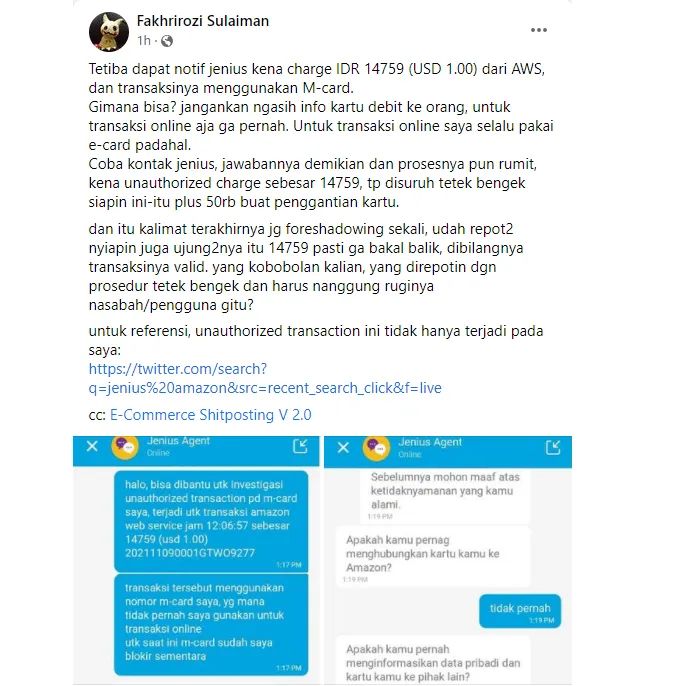txtdarionlshop's tweet photo. Jenius berulah lagi, banyak user mengaku kena charge amazon web service sebesar 1 USD padahal tidak pernah menggunakan layanannya. Report ke cs @JeniusConnect malah disuruh blokir permanen dan menyiapkan dana 50k untuk penggantian kartu.

Siapa yang kebobolan siapa yang bayar? 🤷 https://t.co/aQMOgoQCwI