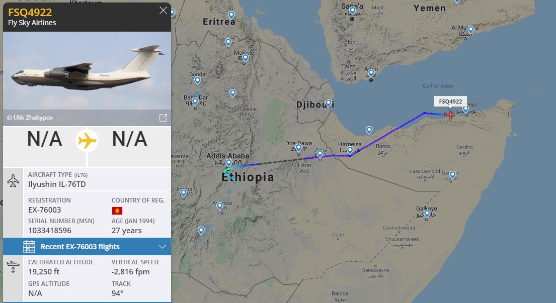 Laurent_Le_Bloa's tweet photo. IL76TD EX-76003 #FSQ4922 from military base Debre Zeit #Ethiopia landing in #Bosaso #Puntland just now
#Somalia
@Free_Somaliweyn @RAbdiAnalyst @Abdi678 @maleshov https://t.co/3gmdVTwHXg