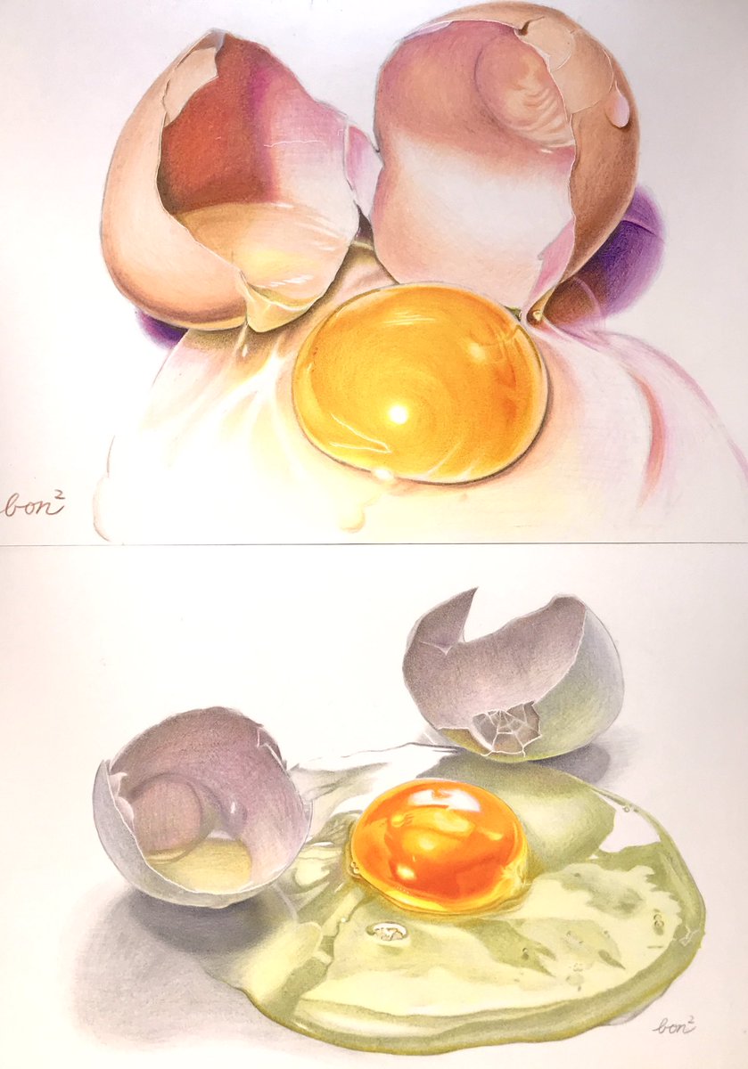 色鉛筆画 指輪(原画) 本日の色鉛筆画講座は生卵🥚 透明感の練習回でした! #