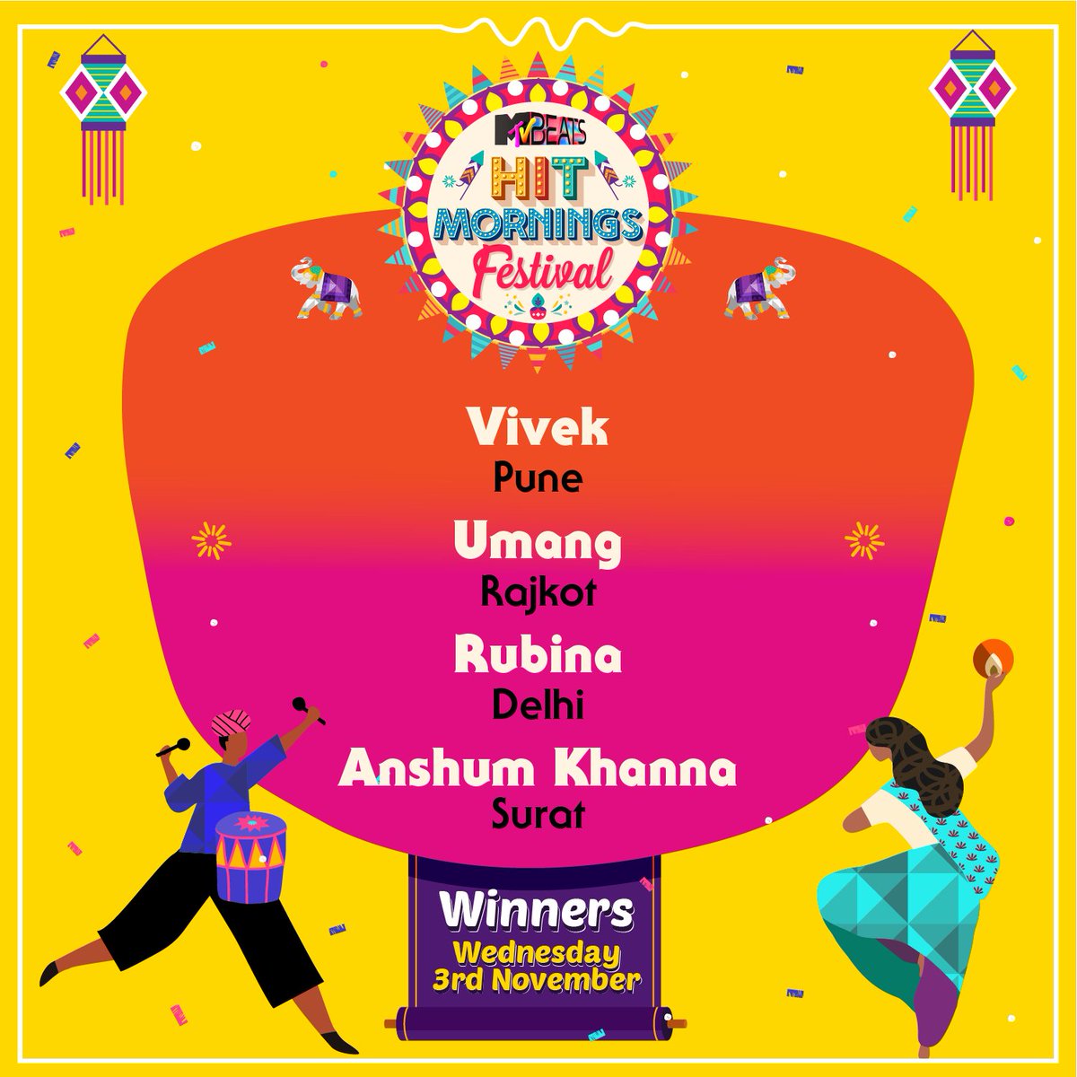 MTVBeats's tweet photo. #HitMorningsFestival winners ko dher saari badhai!
Jaldi kijiye participate on #MTVBeats subah 7:30-11:30 AM, aur aap bhi jeet sakte hai prizes inki tarah.
#Contest #Diwali #FestiveSeason #WatchnWin #BloodMeinHaiBeat https://t.co/FTq4o5x03J
