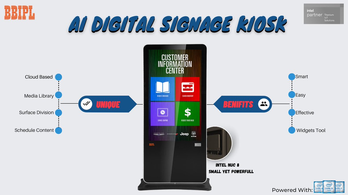 BitsPvt's tweet photo. Bits and Bytes AI Digital Signage Kiosks are the market leader in kiosk Industry where we give you user-friendly opportunities to create strong, smart and efficient communication to your target group via digital screen kiosks.
#interactivekiosk #digitalsignage #Kiosk #kioskdesign https://t.co/SKK6JoIKFa