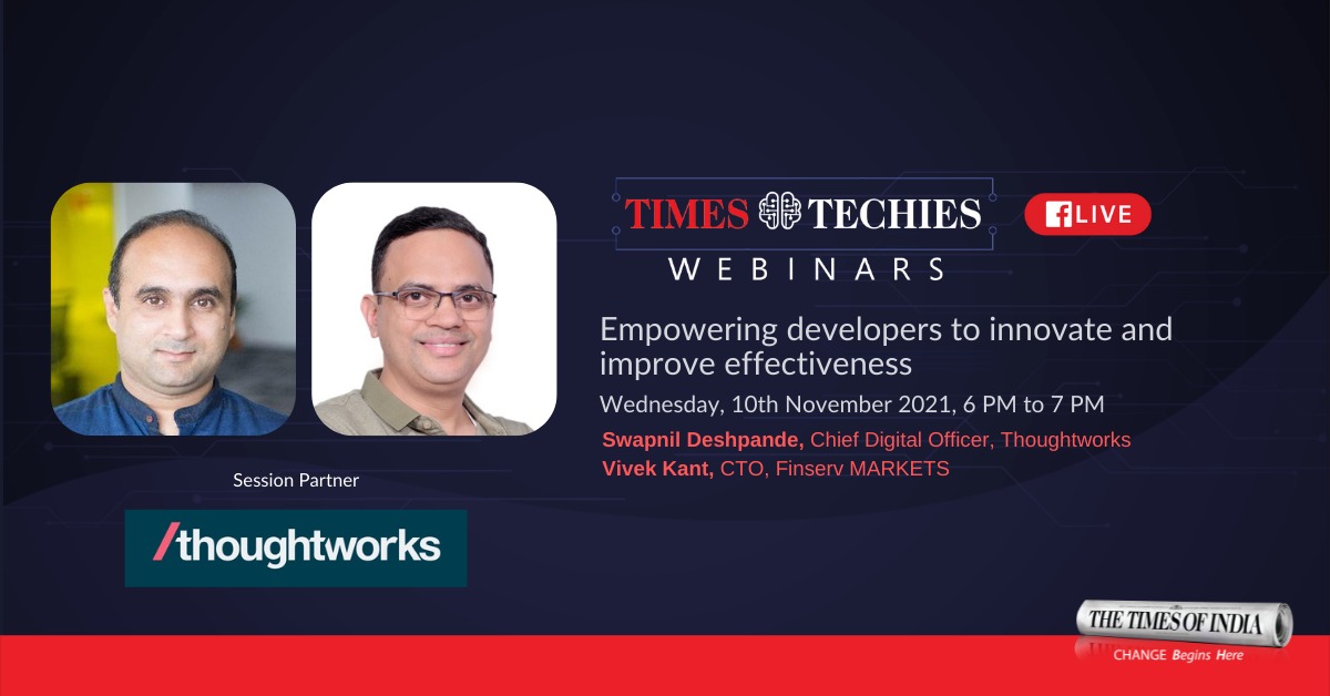 timestechies's tweet photo. This Week on #TimesTechiesWebinars learn More on Empowering developers to innovate and improve effectiveness
@swapnildesh, @thoughtworks
Vivek Kant, @FinservMARKETS
10th November, 6-7 pm
https://t.co/umHLThzhOe
#TimesTechies #Thoughtworks #Developers #Innovation #NEO https://t.co/m5ZBc7Kbwk