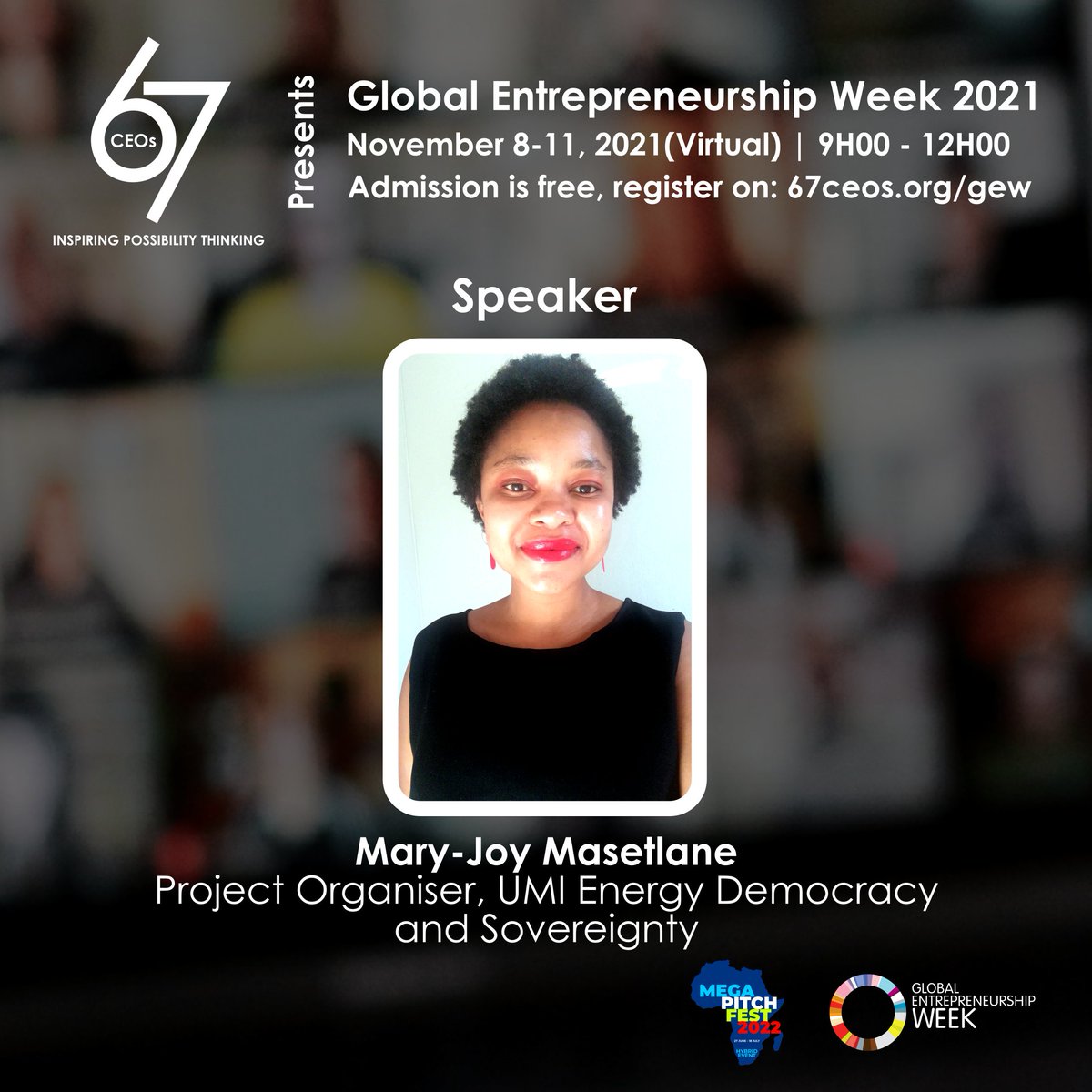 67CEOs's tweet photo. [LIVE STREAM] Ms. Mary-Joy Masetlane, Project Organiser at UMI Energy Democracy delivers masterclass on: Just Transition and Climate Change Action Plans.

WATCH: https://t.co/bG3w8TxNzB

#67CEOs #JustTransition #ClimateChange #COP26   #GEW #GEW2021 #COP26Glasgow https://t.co/08F9PgHNN1